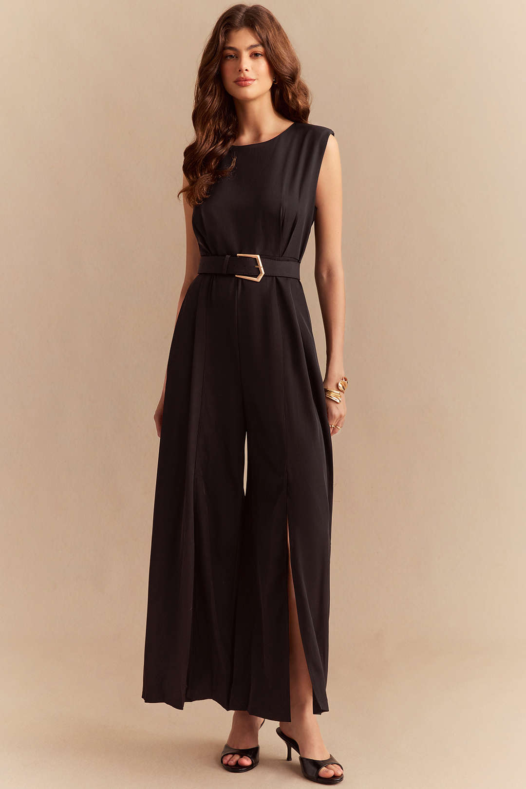 "Chiffon Round Neck Belted Sleeveless Wide Leg Jumpsuit"