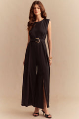 "Chiffon Round Neck Belted Sleeveless Wide Leg Jumpsuit"