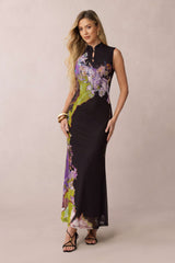 "Contrast Floral Print Mesh Patchwork Sleeveless Midi Dress"