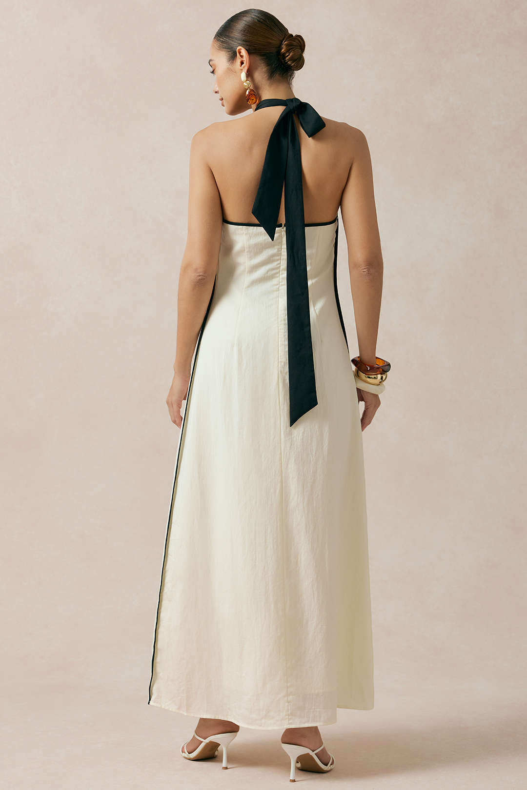 "Contrast Trim Linen Halter Neck Tie Back Metallic Sleeveless Maxi Dress"