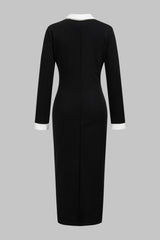 "Contrast Trim V-Neck Button Long Sleeve Maxi Dress"