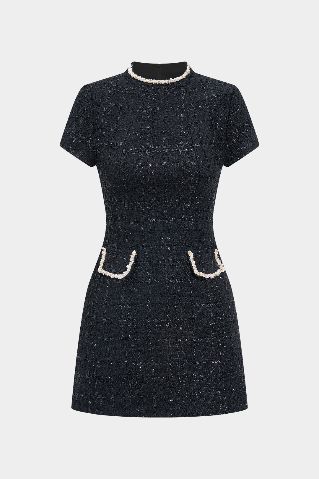 "Bead Fake Pocket Zippper Short Sleeve Mini Dress"
