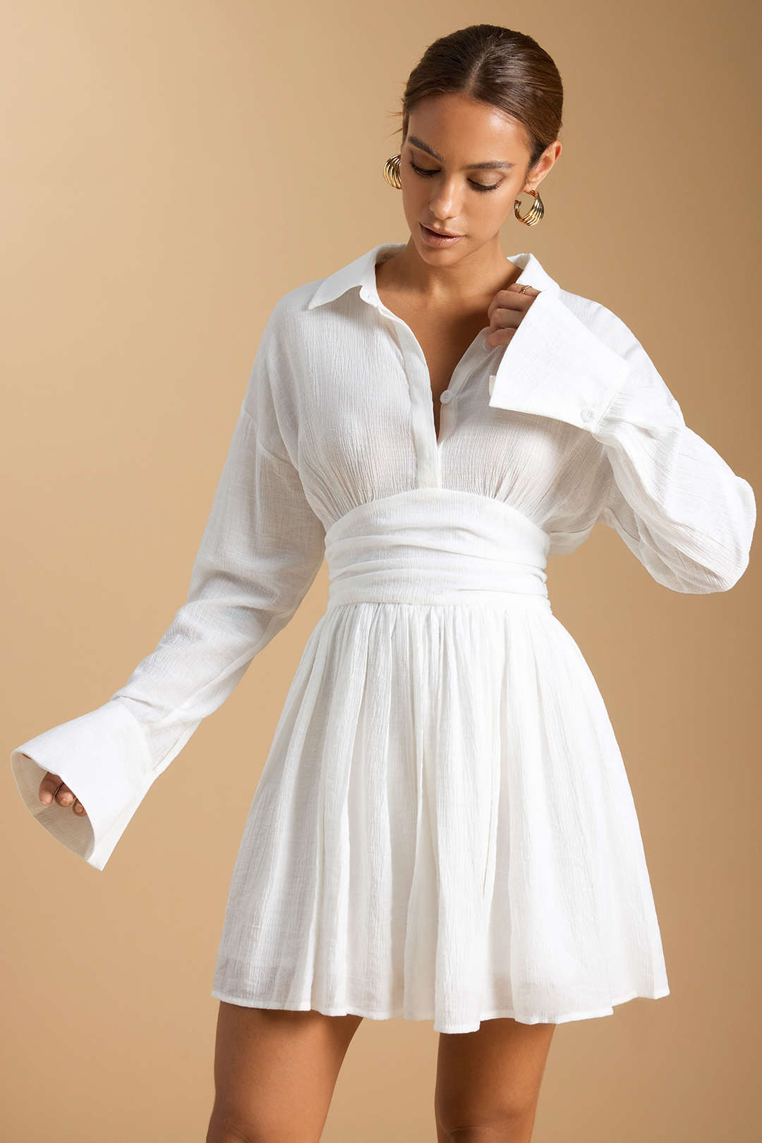 "Button Ruched Long Sleeve Mini Dress"