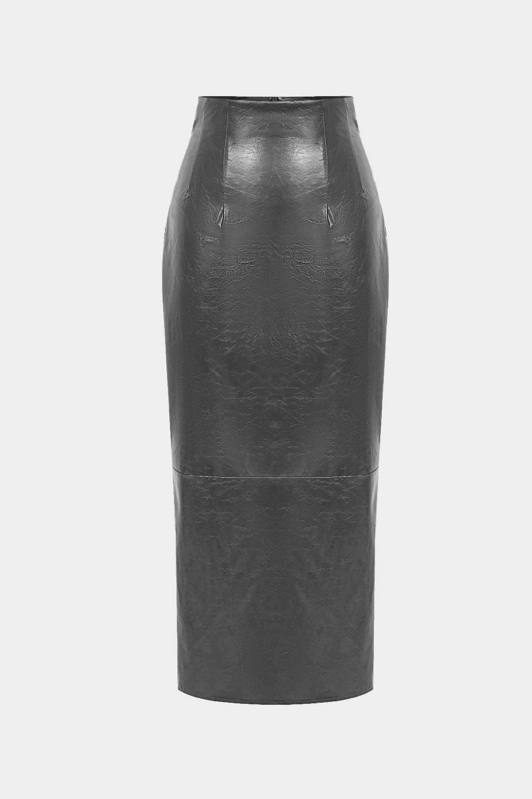 "Basic Solid Faux Leather Midi Skirt"