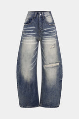 "Denim Asymmetrical Ripped High Waist Wide Leg Jeans"
