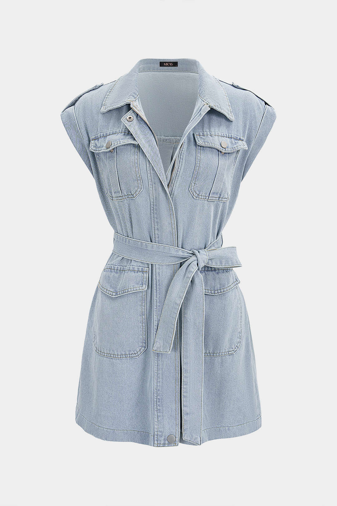"Denim Lapel Belted MIni Dress"