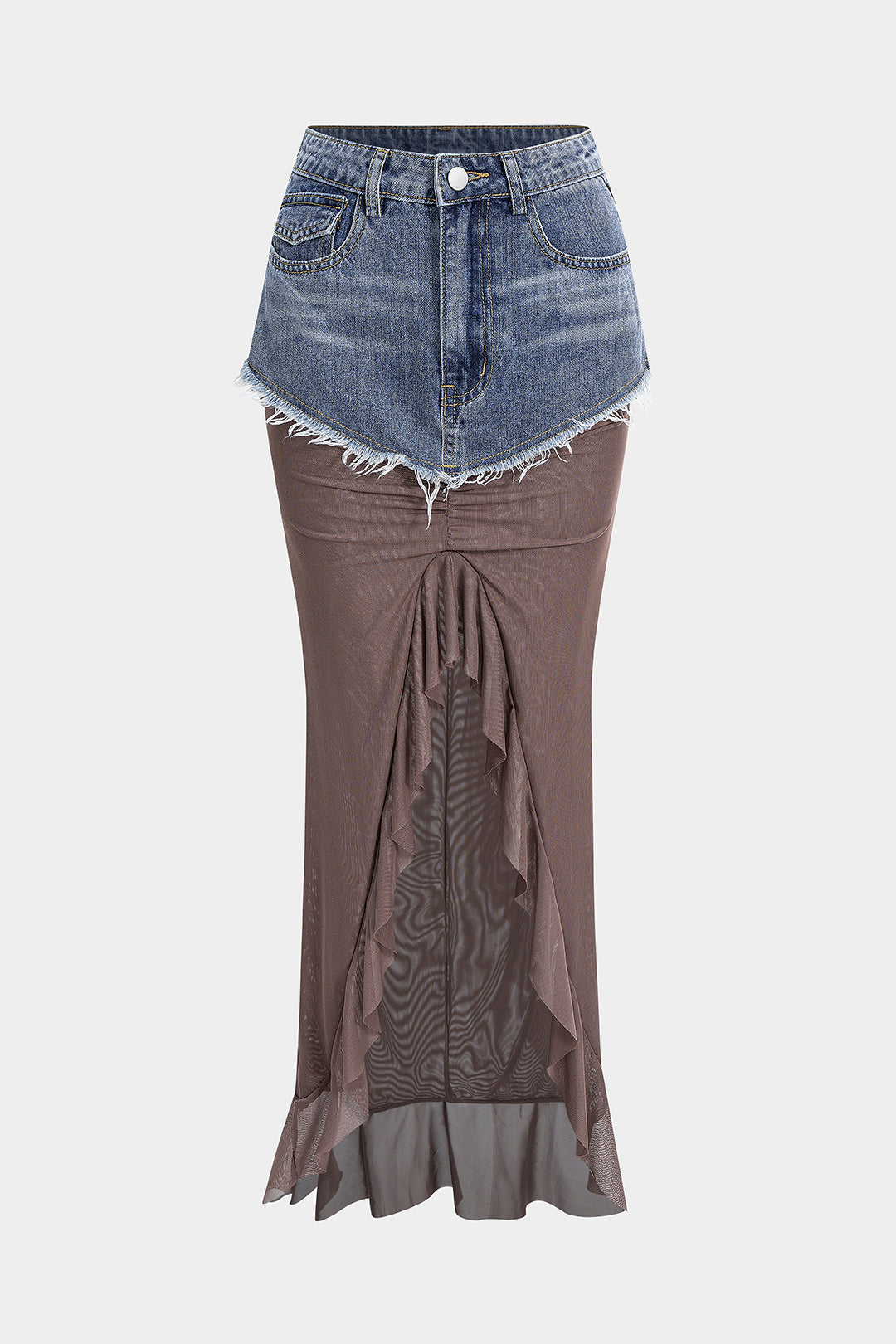 "Denim Mesh Patchwork Frayed Ruched Ruffle Slit Skirt"
