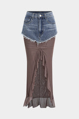 "Denim Mesh Patchwork Frayed Ruched Ruffle Slit Skirt"
