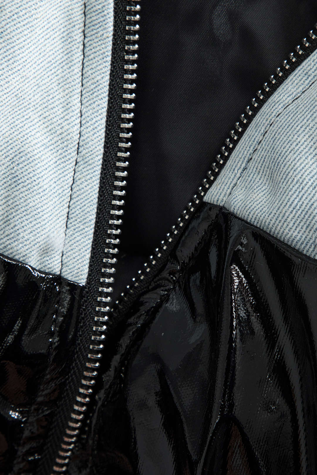 "Denim Faux Leather Ruched Zipper Patchwork Padded Long Sleeve Jacket"