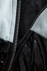 "Denim Faux Leather Ruched Zipper Patchwork Padded Long Sleeve Jacket"