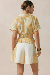 "Artistic Print V-Neck Ruched Short Sleeve Top"