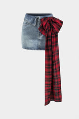 "Denim Bow Patchwork Tie-Up Skirt"