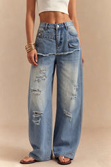 "Denim Asymmetrical Frayed Ripped Wide Leg Jeans"