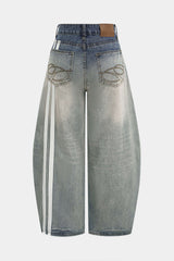 "Denim Contrast Ombre Embroidery Wide Leg Jeans"