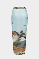 "Coconut Palm Print Chiffon Tie Front Skirt"