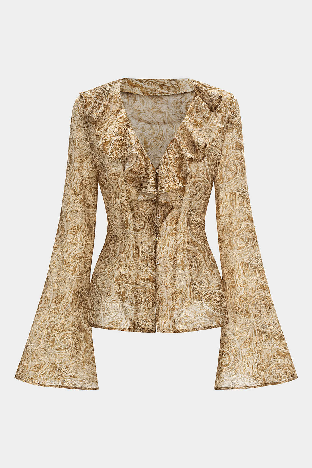"Abstract Print Ruffle Neck Long-Sleeve Shirt"