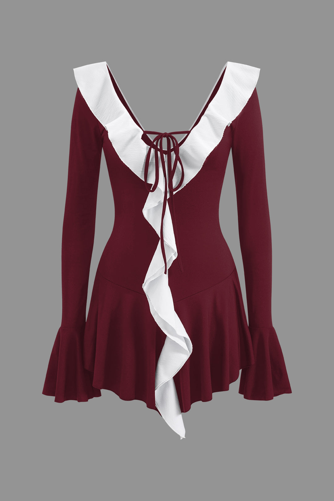 "Contrast Ruffle Neck Tie Front Bell Sleeve Mini Dress"