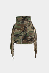 "Camo Frayed Patchwork Fringe Mini Skirt"