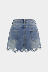 "Denim Embroidery Hollow Out Wide Leg Shorts"