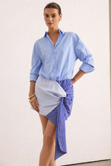 "Contrast Stripes Print Long Sleeve Asymmetrical Tie-Up Midi Dress"