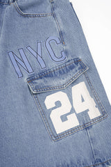 "Denim Digital Letter Print Pocket High Waist Shorts"