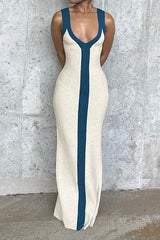 "Colorblock V-neck Ribbed Split Maxi Dress"