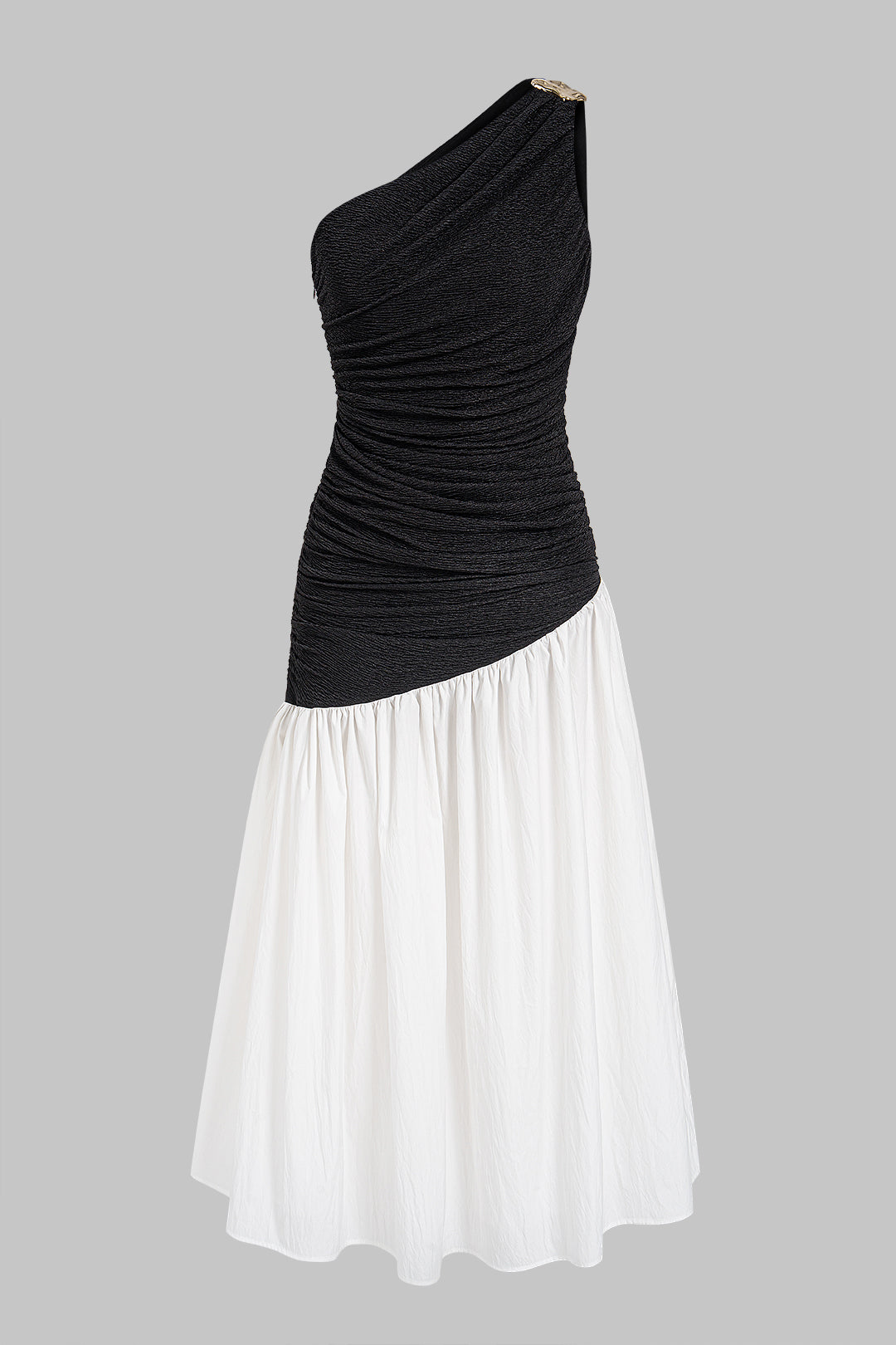 "Contrast One Shoulder Metallic Ruched Sleeveless Maxi Dress"