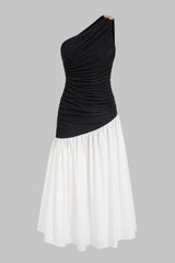 "Contrast One Shoulder Metallic Ruched Sleeveless Maxi Dress"