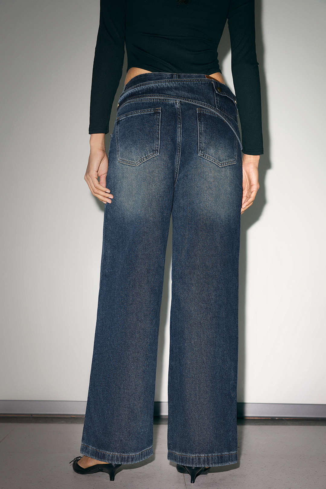 "Denim Asymmetrical Wide Leg Jeans"