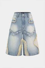 "Denim Contrast Frayed Button Shorts"