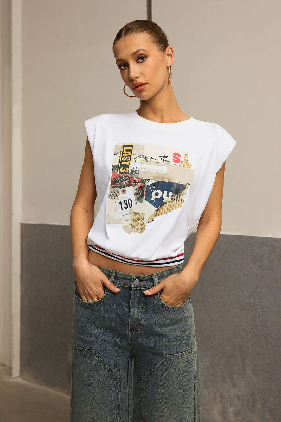 "Car Letter Digital Pattern Print Loose Sleeveless T-Shirt"