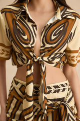 "Bohemian Print Tie Front Short-Sleeve Shirt"