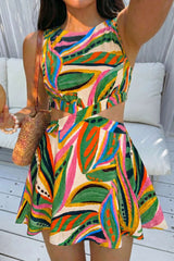 "Artistic Print Round Neck Cut Out Sleeveless Mini Dress"