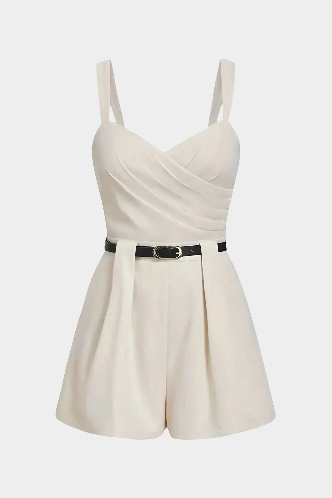 "Crossed Ruched Belted Sleeveless Romper"