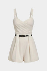 "Crossed Ruched Belted Sleeveless Romper"