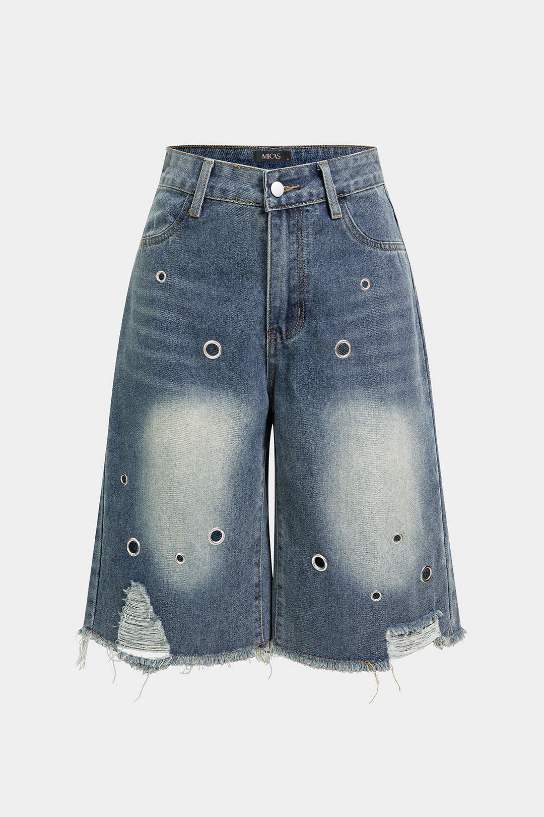 "Denim Frayed Eyelet Wide Leg Shorts"