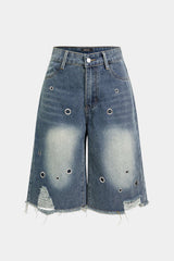 "Denim Frayed Eyelet Wide Leg Shorts"