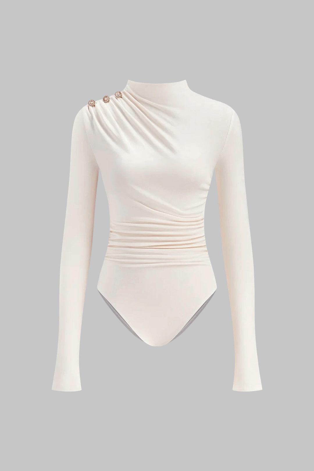 "Asymmetrical Button Ruched Long Sleeve Bodysuit"
