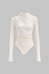 "Asymmetrical Button Ruched Long Sleeve Bodysuit"