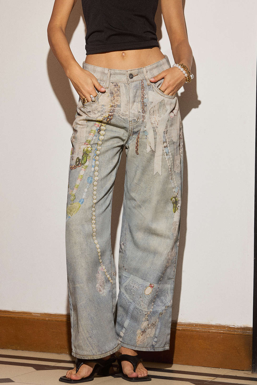 "Denim Abstract Print Low Waist Wide Leg Pants"