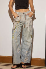 "Denim Abstract Print Low Waist Wide Leg Pants"