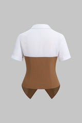 "Contrast Lapel Short Sleeve Top"