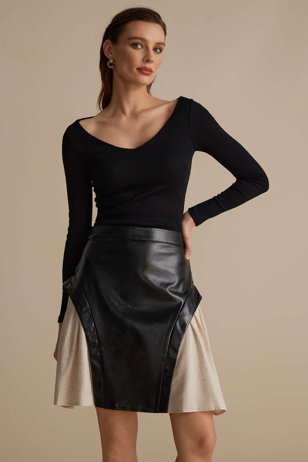 "Color Block Patchwork Ruched Zipper Skirt"