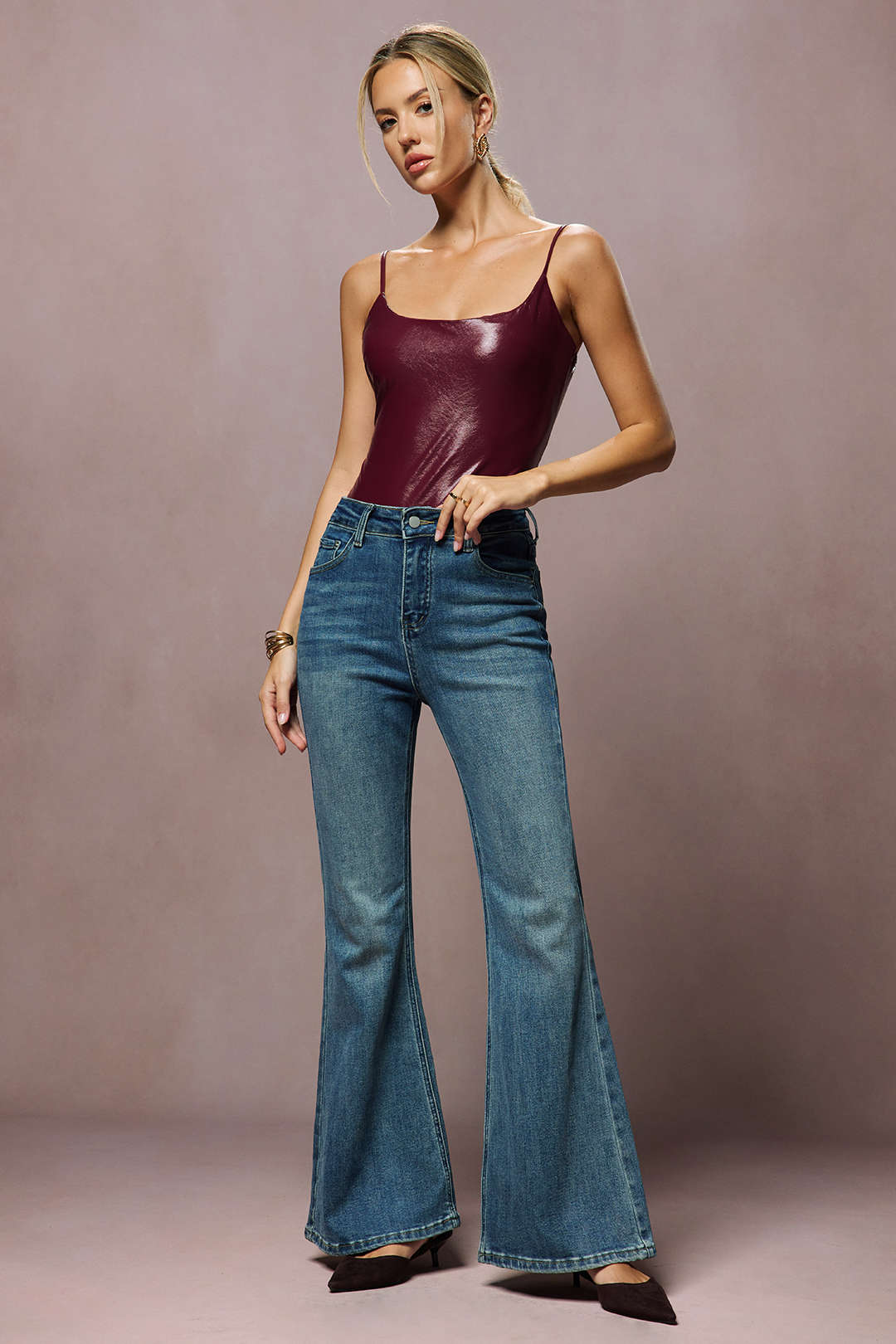 "Basic Solid Faux Leather Sleeveless Bodysuit"
