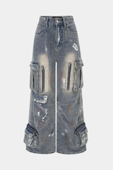 "Denim Graffiti Print Ziper Pocket Straight Leg Jeans"