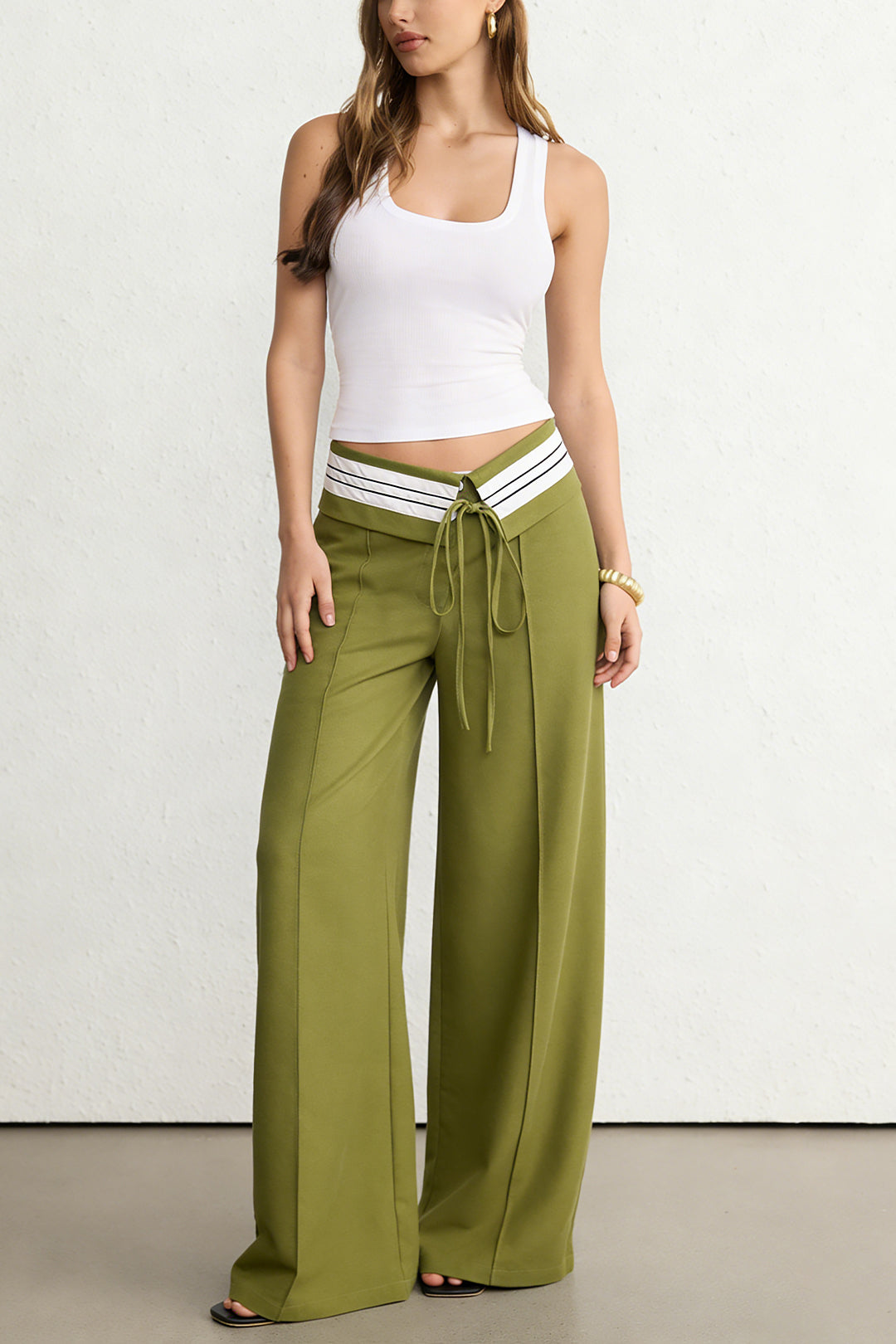 "Contrast Linen Asymmetrical Tie-Up Straight Leg Pants"