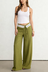 "Contrast Linen Asymmetrical Tie-Up Straight Leg Pants"