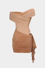 "Crossed Off Shoulder Asymmetrical Ruched Cut Out Sleeveless Mini Dress"