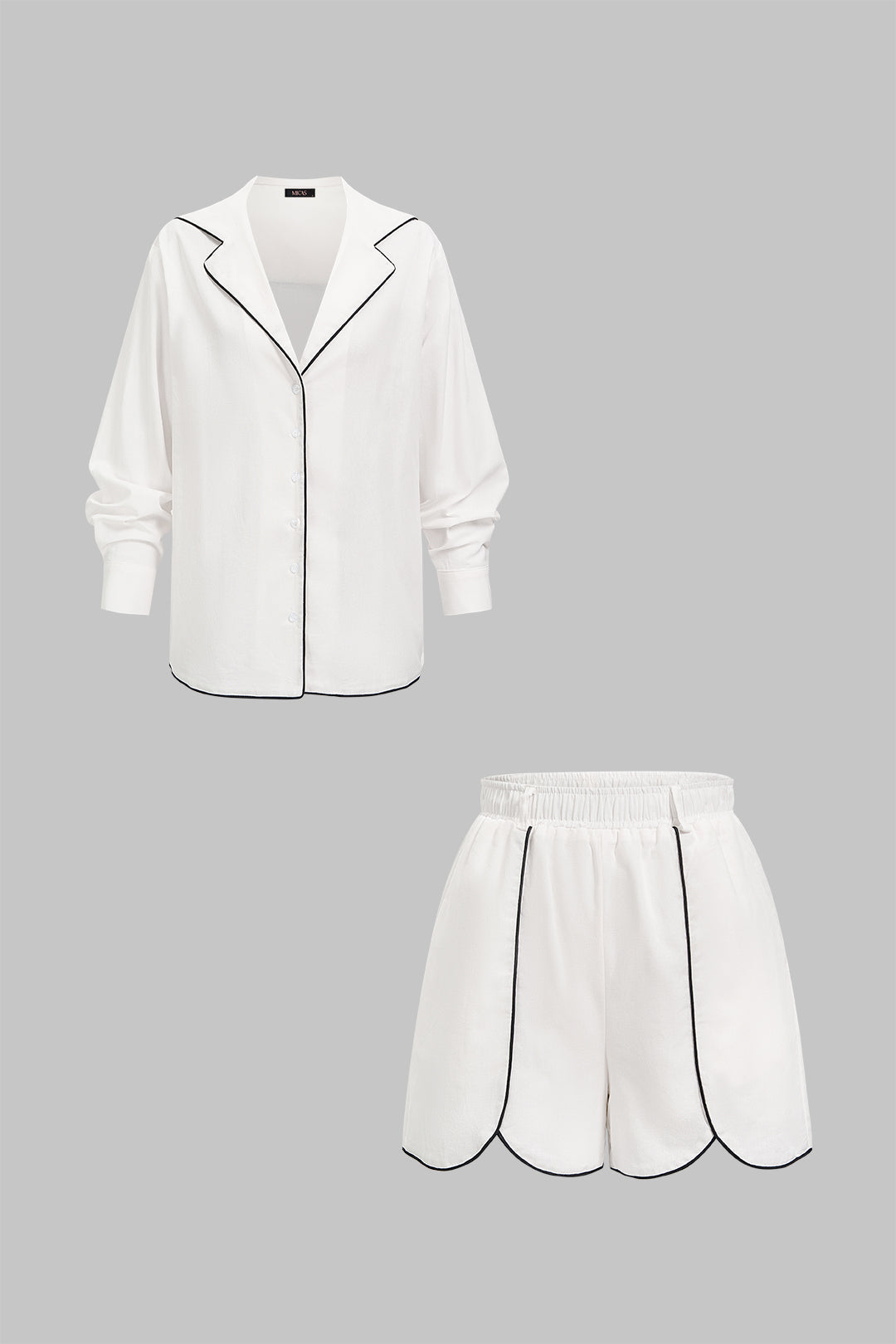 "Contrast Binding Notched Lapel Long Sleeve Top And Shorts Set"