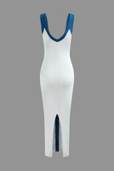 "Colorblock V-neck Ribbed Split Maxi Dress"